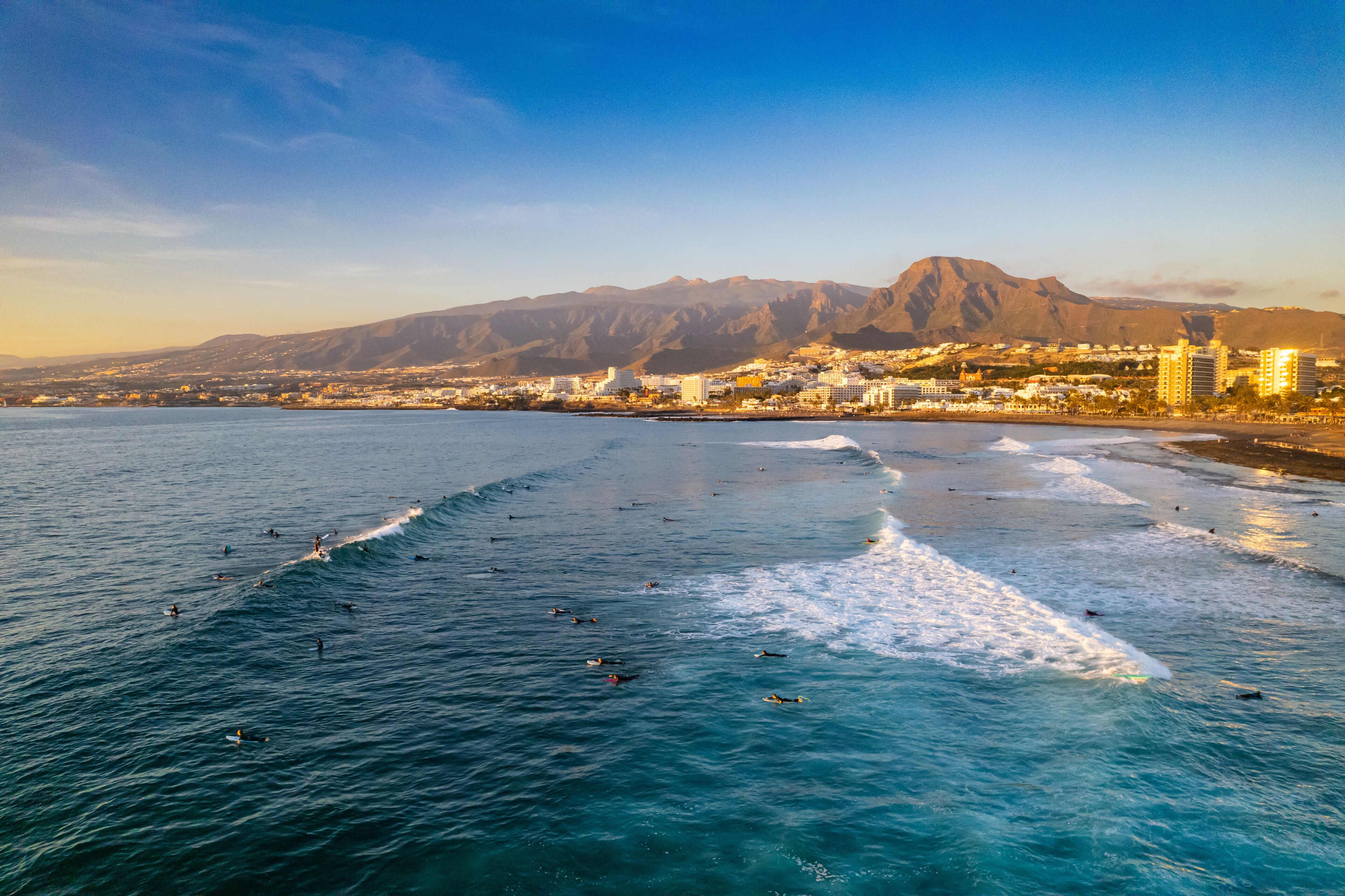 Aerial view at sunset above Playa de las Américas