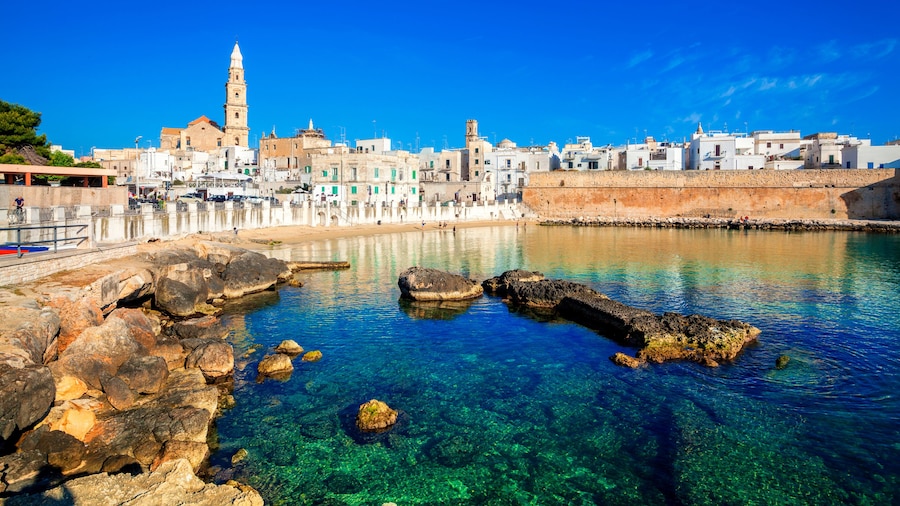 Panoramic view of Monopoli from the city beach of Cala Porta Vecchia, province of Bari, Puglia