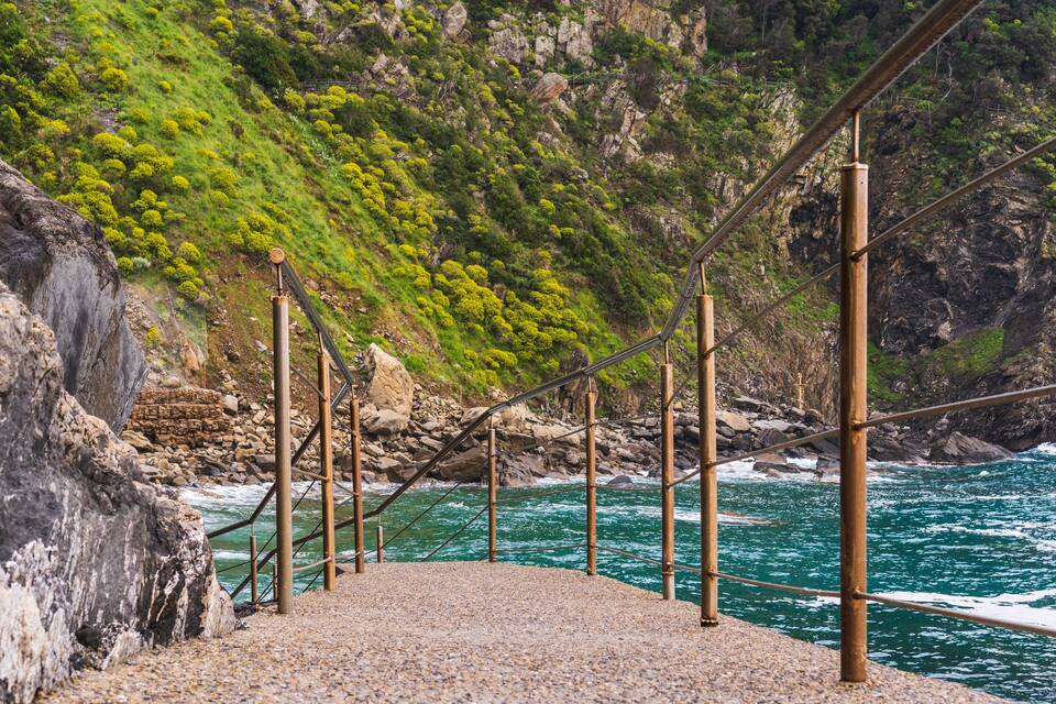 A suspension bridge over a rocky coastline with a green hillside in the background.
