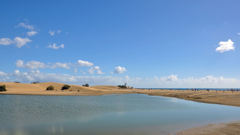 A calm lake with sand dunes and a clear blue sky.