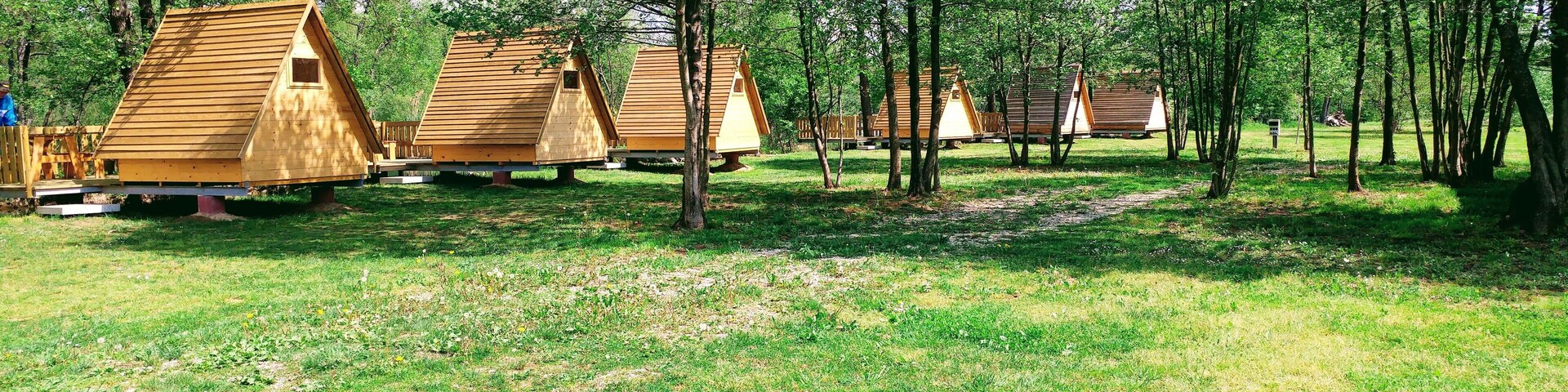 Cabañas de madera en un área boscosa.