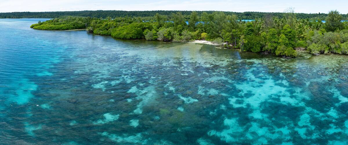A tropical island surrounded by clear turquoise waters.