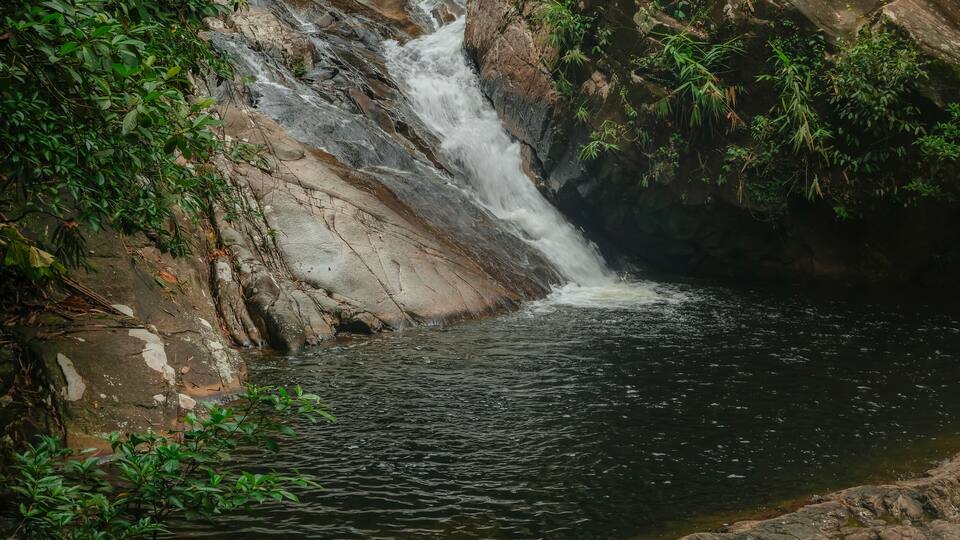 A waterfall cascading over rocks into a pool of water surrounded by greenery.