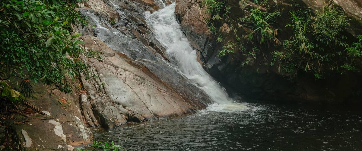 A waterfall cascading over rocks into a pool of water surrounded by greenery.