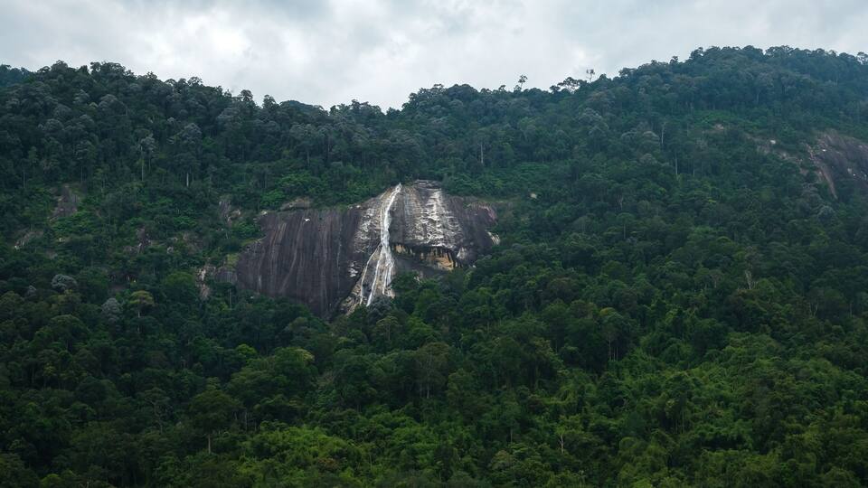A waterfall cascading down a steep cliff surrounded by dense forest.