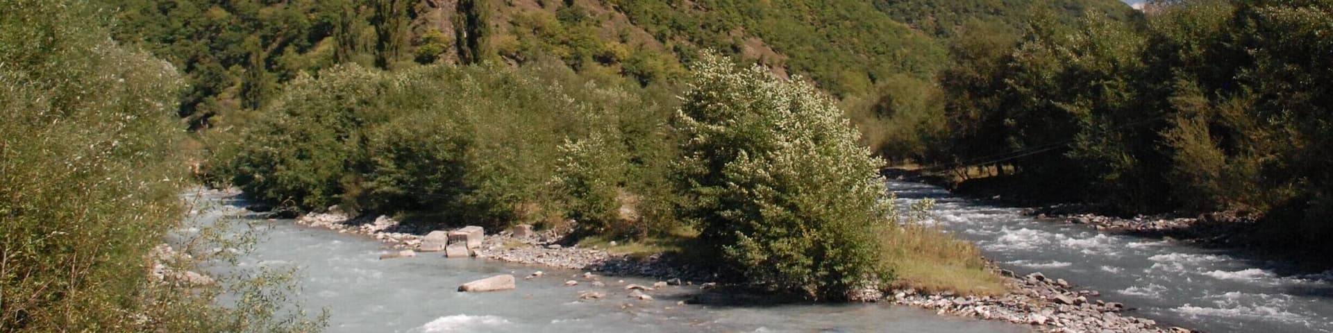 The Tetri Aragvi (White Aragvi) on the left converges with the Shavi Aragvi (Black Aragvi) on the right, just south of Pasanauri.
Apparently, the black colour is due to limestone deposits, and even after the two rivers converge, the colours remain separate for a while before finally mixing. Very impressive, and certainly worth stopping at if on route to Kazbegi.
www.greengoulash.com/kazbegi/
#Blue
