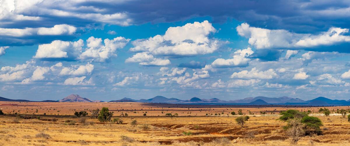 A vast savannah landscape with rolling hills and scattered trees under a partly cloudy sky.