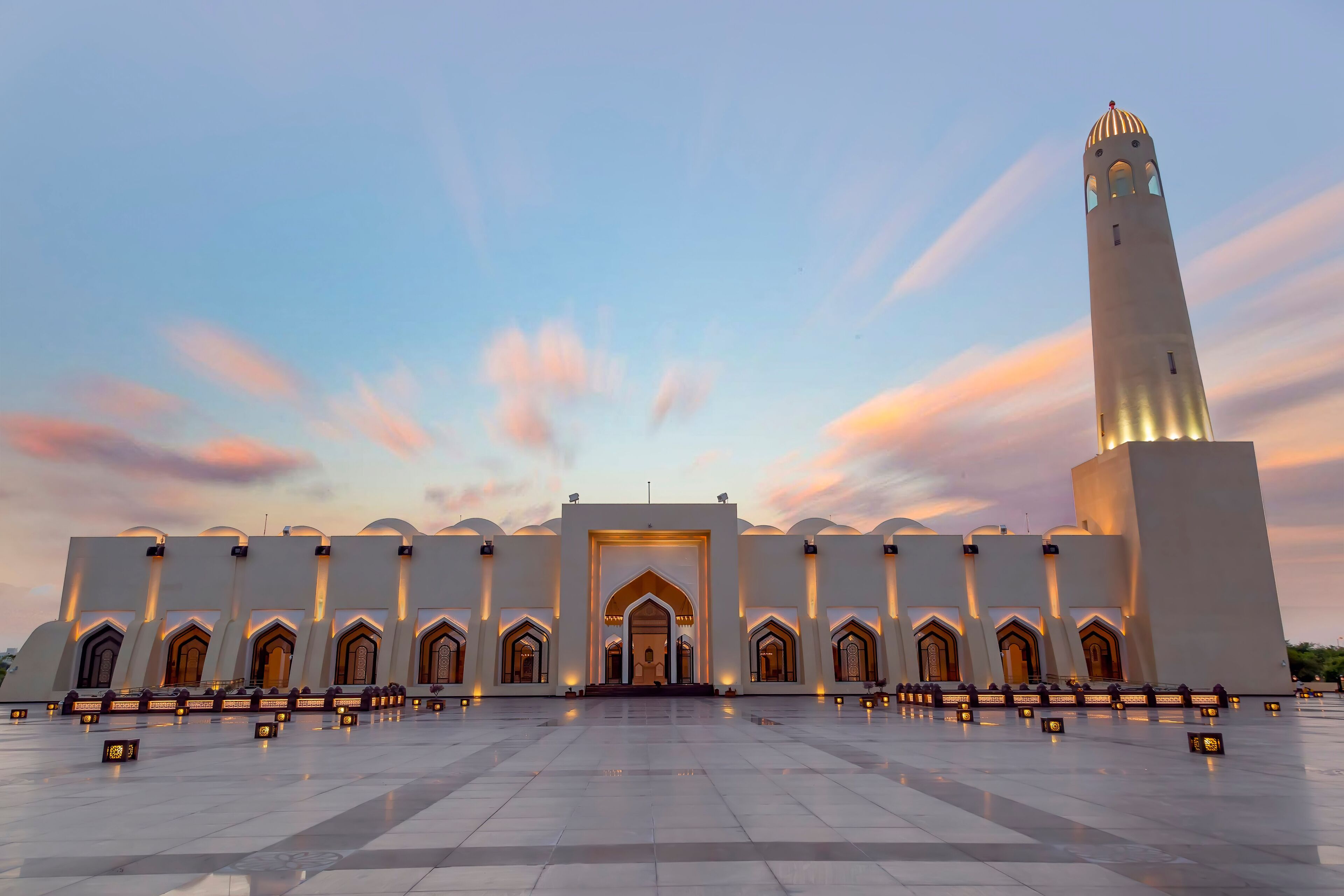 Sunset view of Imam Abdul Wahab Grand Mosque Doha