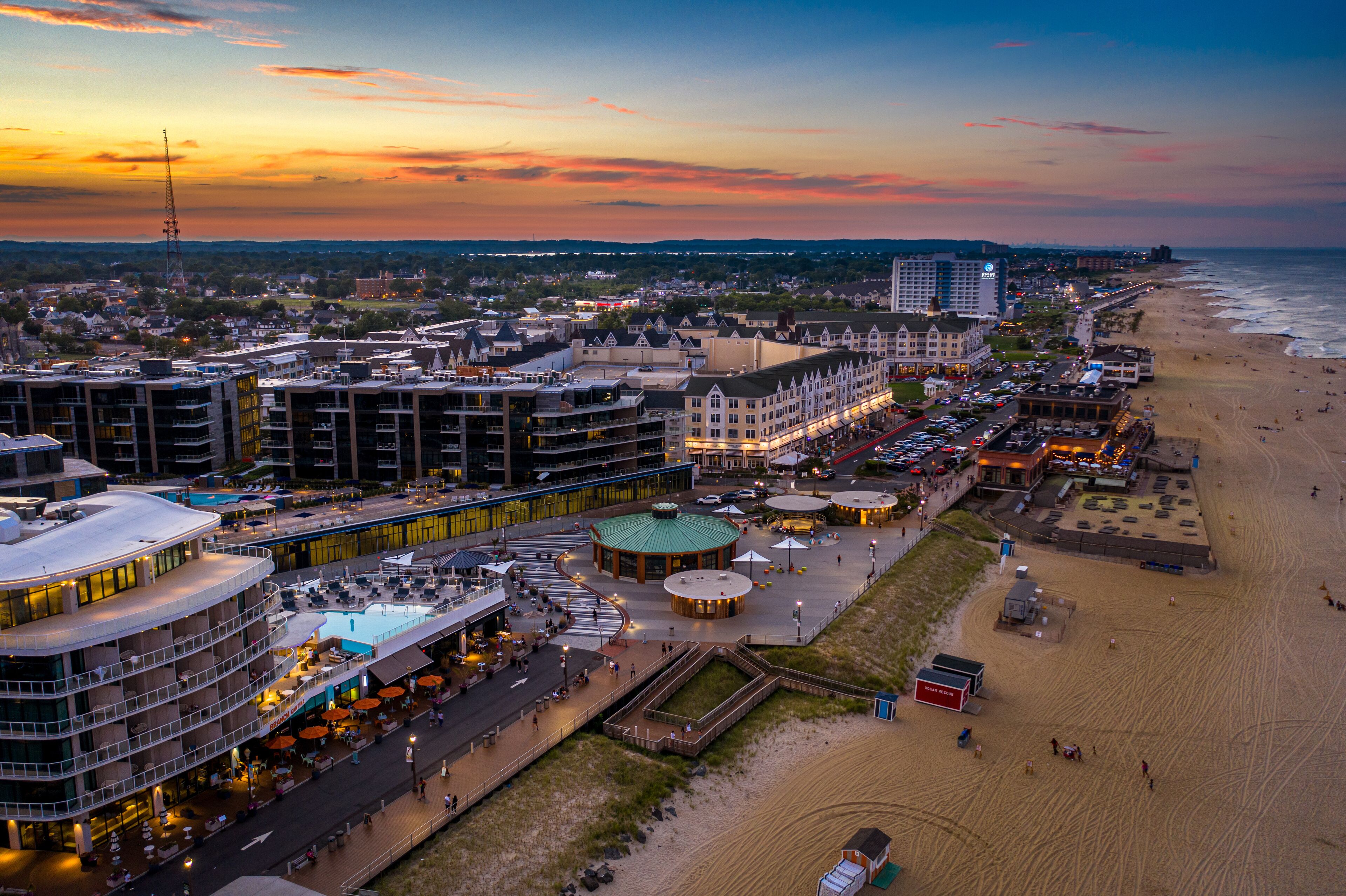 Drone Aerial of Pier Village Long Branch Sunset 