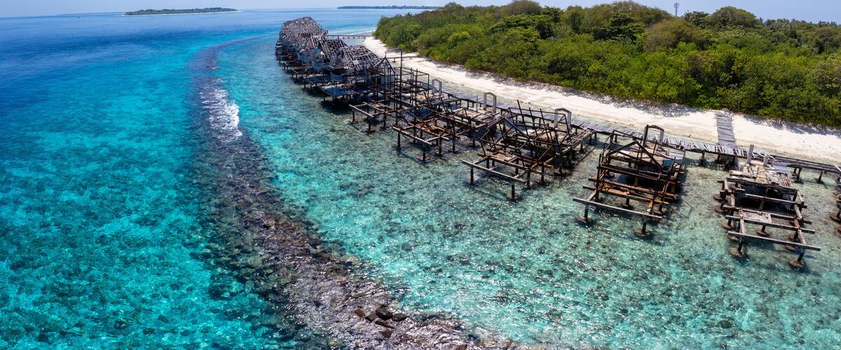 A clear turquoise sea, a wooden pier, and a sandy beach with dense greenery.