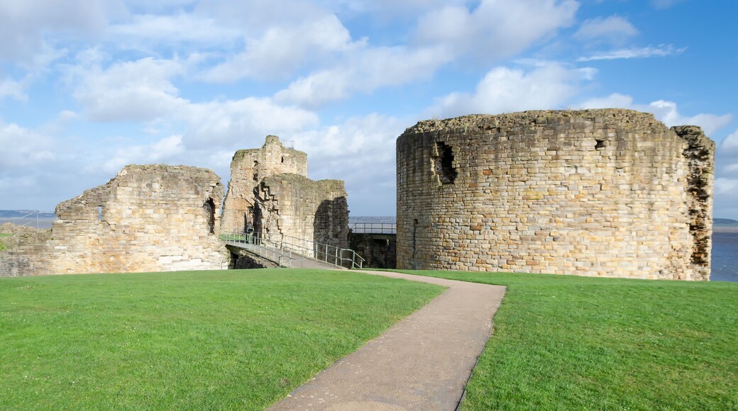 A historic stone castle ruin with a grassy foreground and a clear sky.