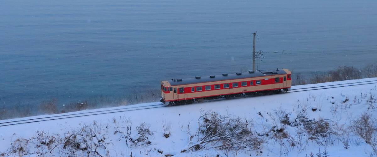 A train on tracks near a body of water with a snowy landscape.