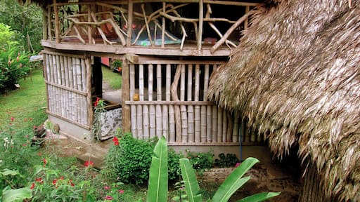The conical houses at Bribri in Talamanca.
Sign on the road says Ditsowou "Encuentro de Culturas"
You can sleep in the house in the open air and learn about the native culture here along the river.
