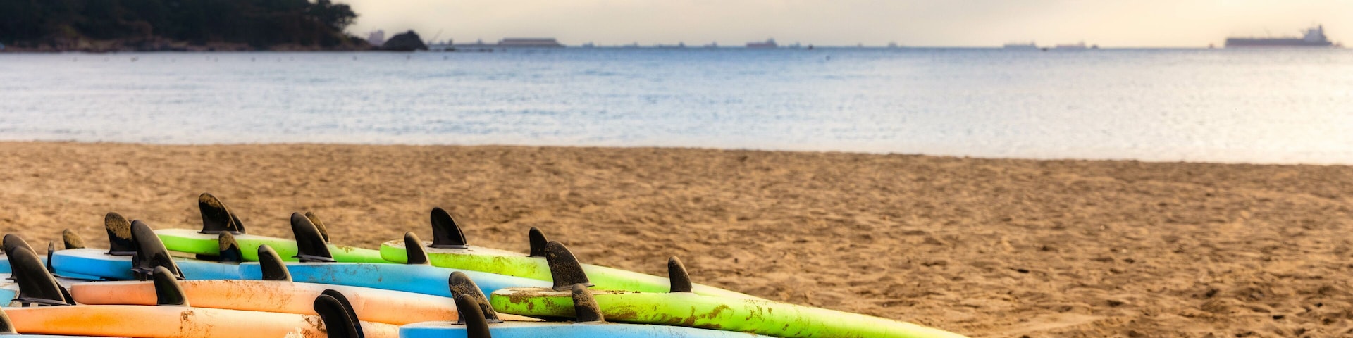 Closeup of colorful surfboards placed on the Jinha beach in South Korea on a bright summer day