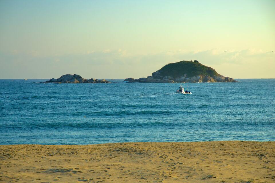 A beach with a small island in the distance.