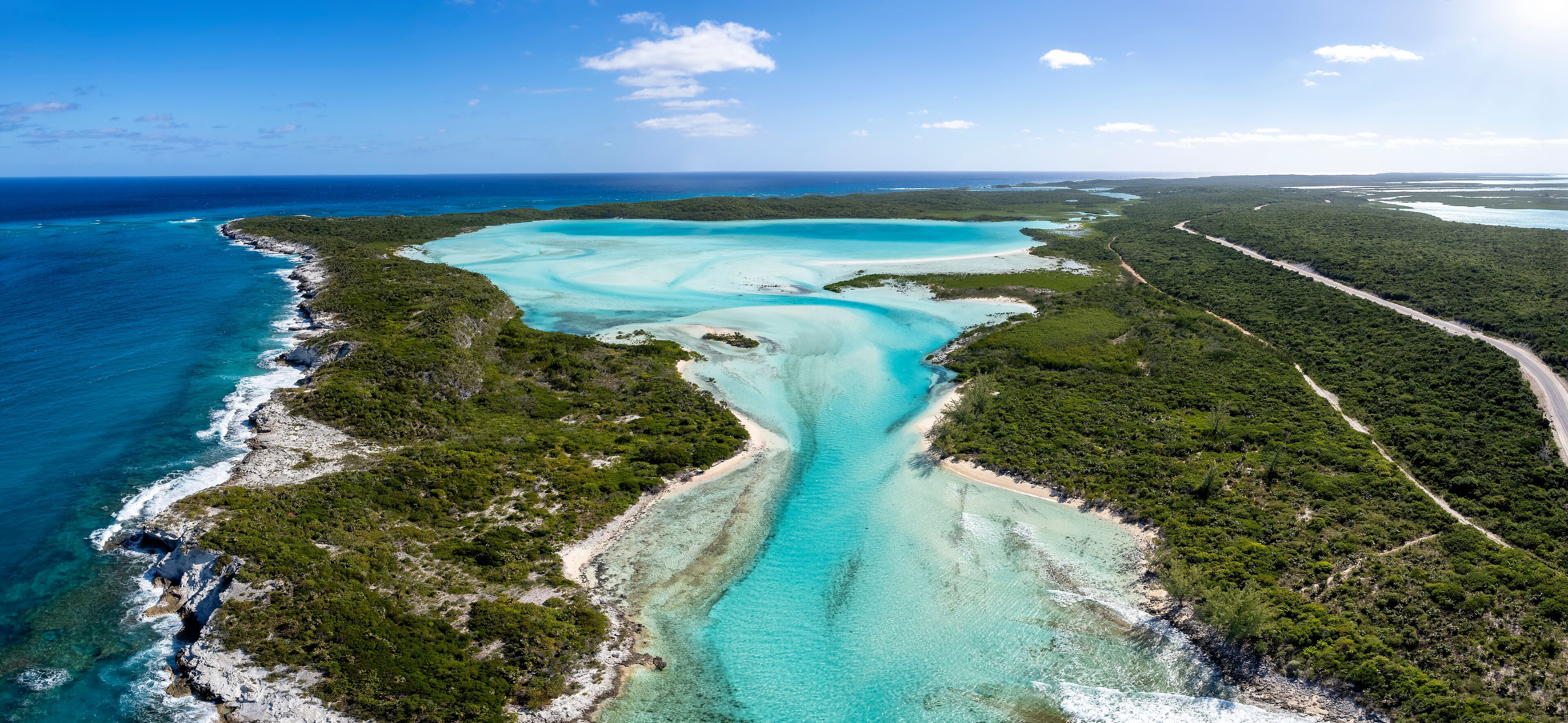 Aerial view of the blue lagoons and beaches at the north of Long Island, Bahamas