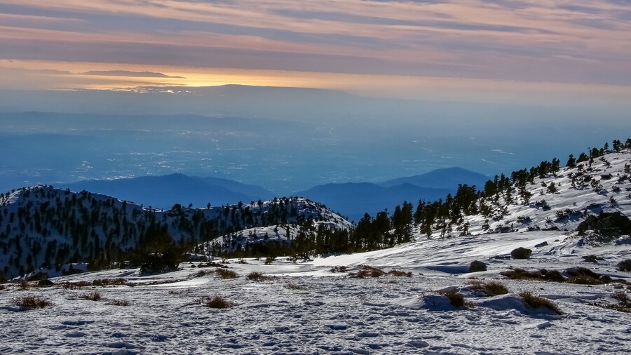 Sunset views of Angeles National Forest from Mount Baldy Summit, San Bernardino County, California