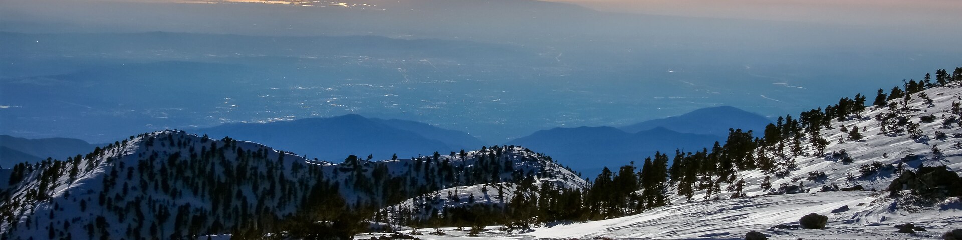 Sunset views of Angeles National Forest from Mount Baldy Summit, San Bernardino County, California