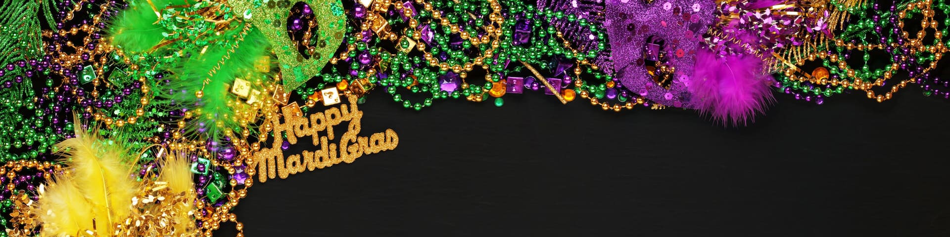Happy Mardi Gras with Purple, Gold, and Green Mardi Gras beads and masks