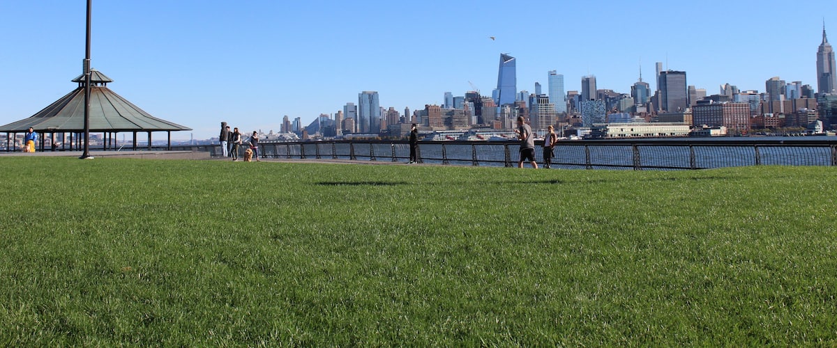 Grass of a park in Hoboken, New Jersey, and the Manhattan skyline at the back - Maxwell Place Park