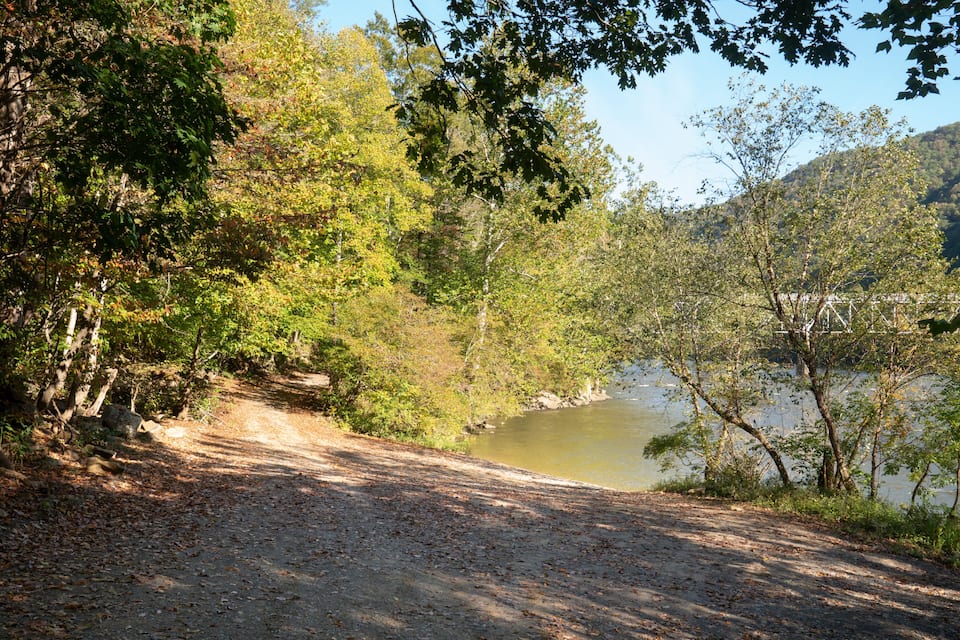 A dirt path leading to a lake surrounded by trees.