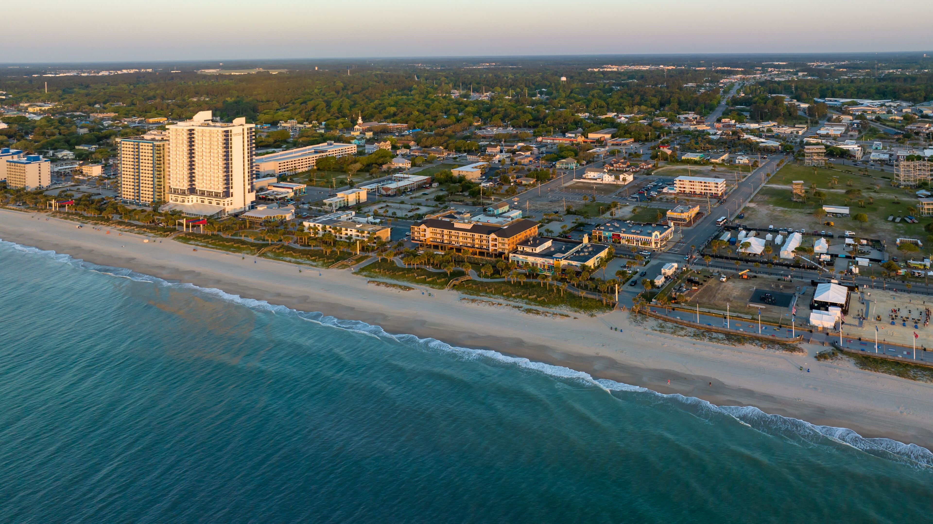 Aerial view of Myrtle Beach, SC during sunrise.