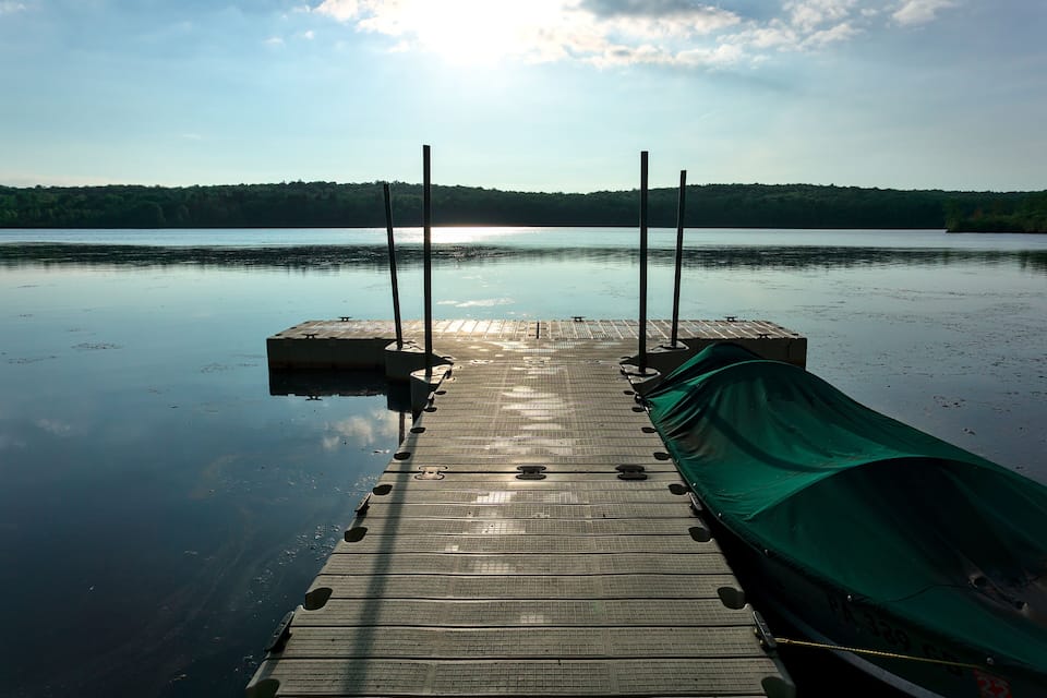 A wooden dock extending into calm water with a forested shoreline in the background.