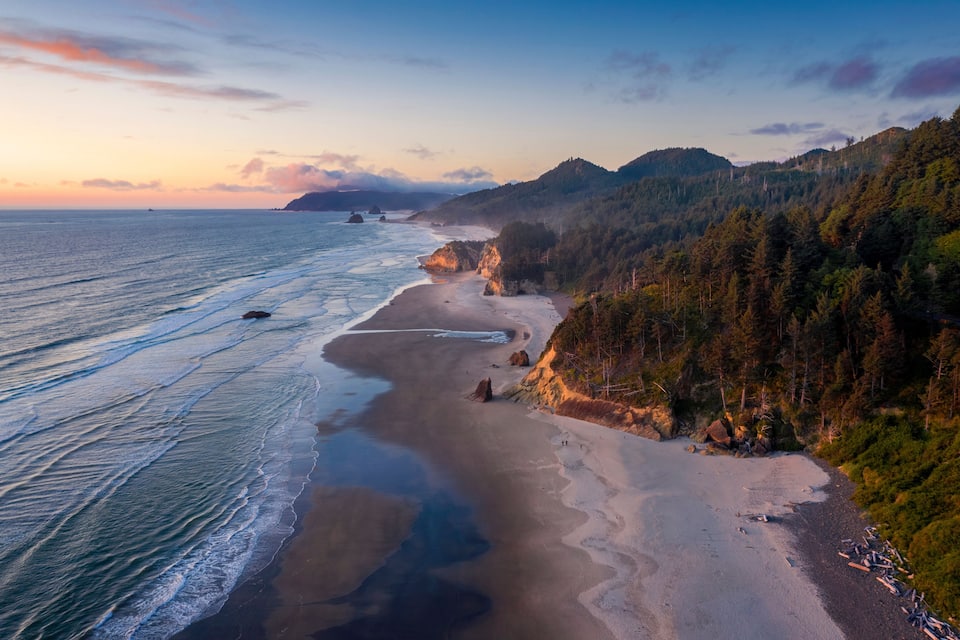 A coastal landscape with a sandy beach, rocky outcrops, and dense forested hills.