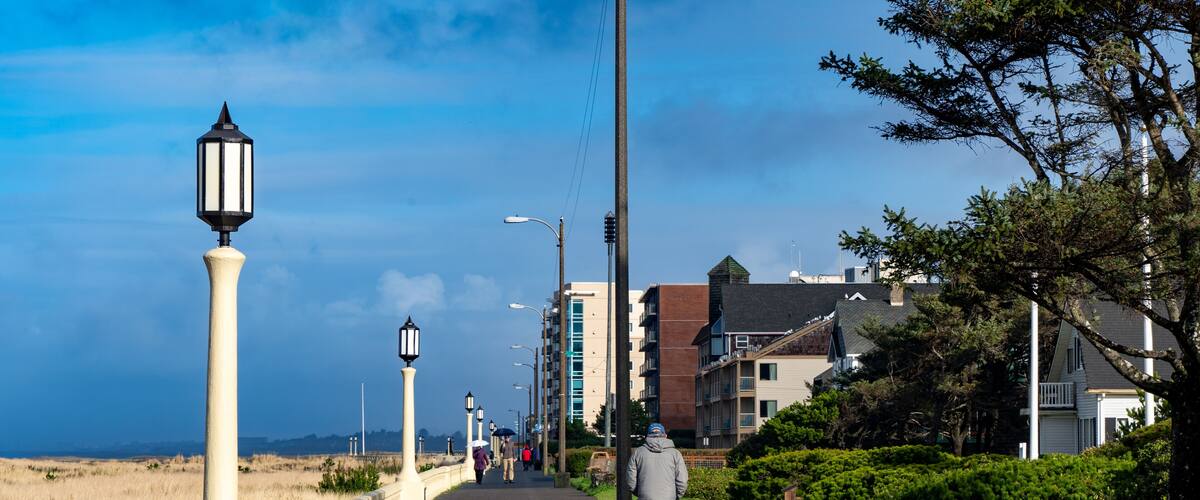 Seaside, Oregon - 1/29/2020: People wsasling on the boardwalk by the beach in Seaside