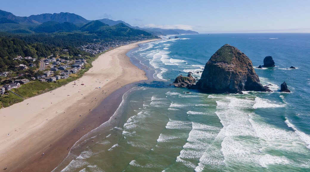 Aerial landscape of Haystack Rock formation on Cannon Beach Oregon Coast Pacific Northwest