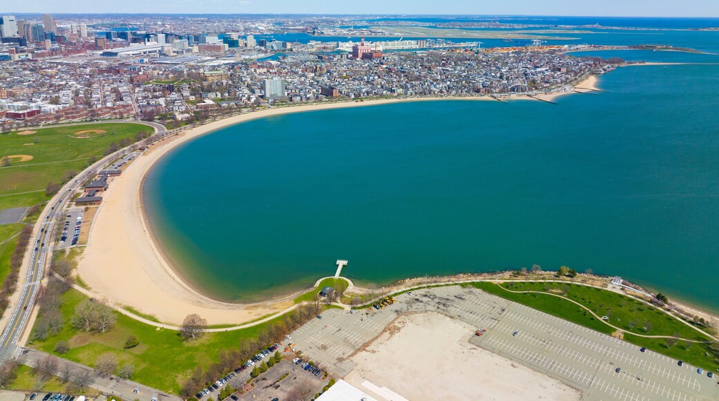 Carson Beach and Dorchester Penninsula historic district aerial view in spring from South Boston, Massachusetts MA, USA.
