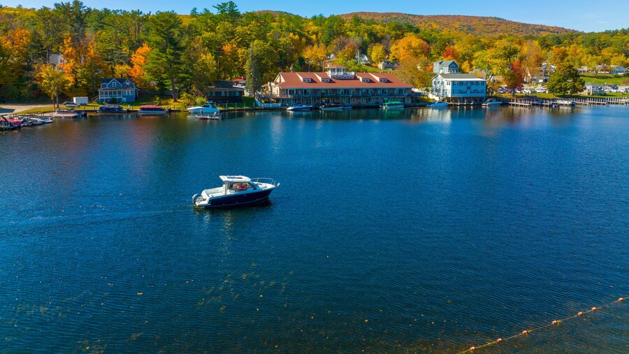 Alton Bay at Lake Winnipesaukee aerial view on Harmony Park and village of Alton Bay in fall in town of Alton, New Hampshire NH, USA.