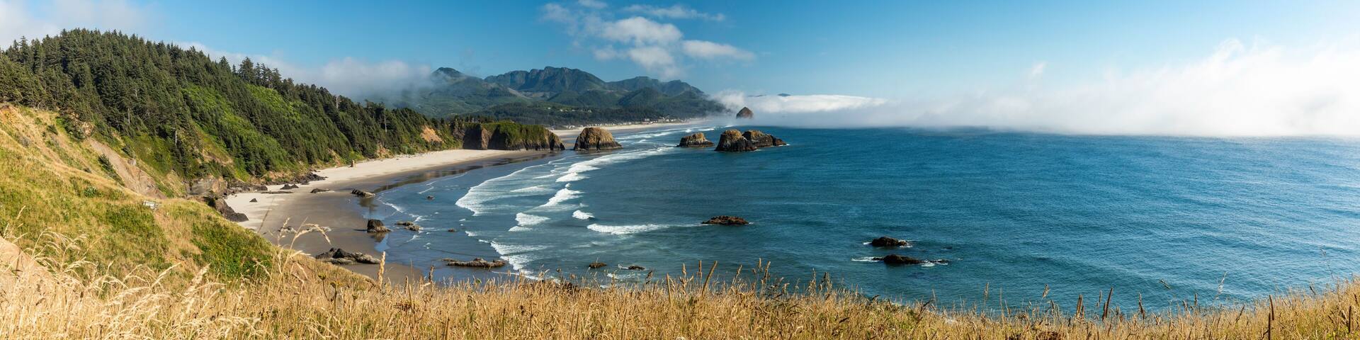 Panoramic view of Crescent and Cannon Beach in Oregon