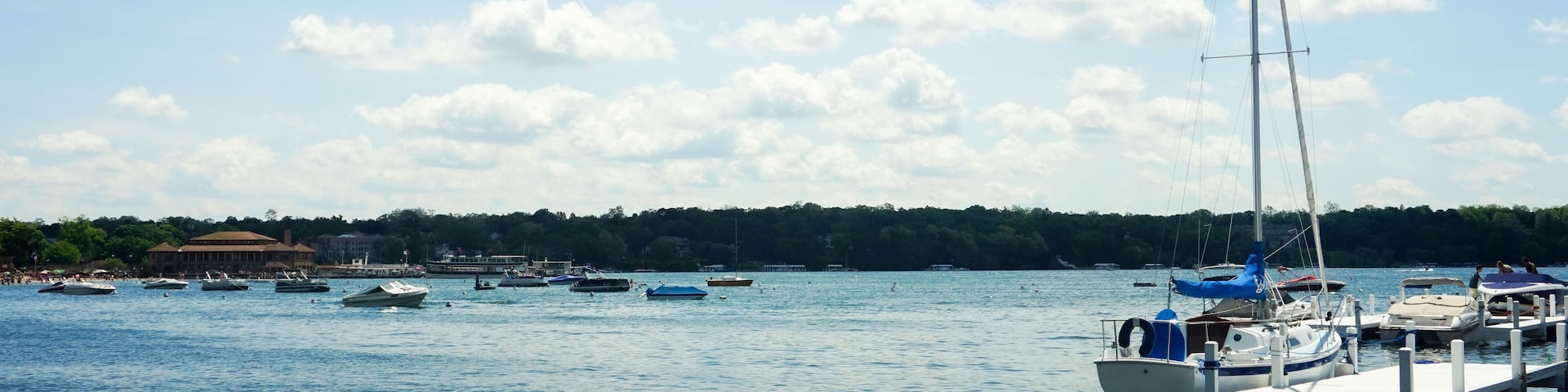 LAKE GENEVA, ILLINOIS, USA- 5/30/2016. LAKE VIEW WITH THE YACHT DOCKED TO THE PIER