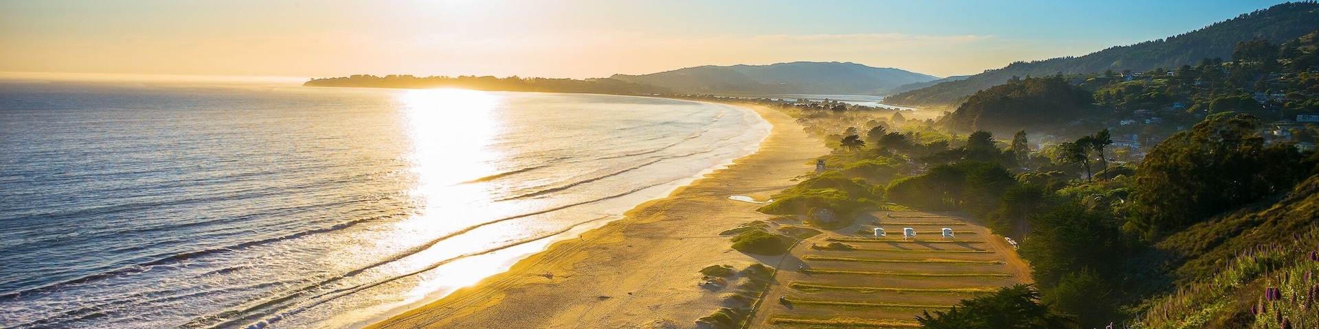 Sunset over Stinson Beach just north of San Francisco, California, USA. Spring flowers in the foreground.