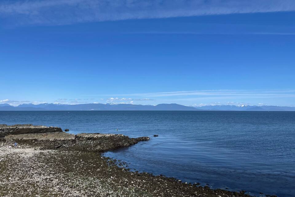 A rocky shoreline with calm water and distant mountains under a clear blue sky.