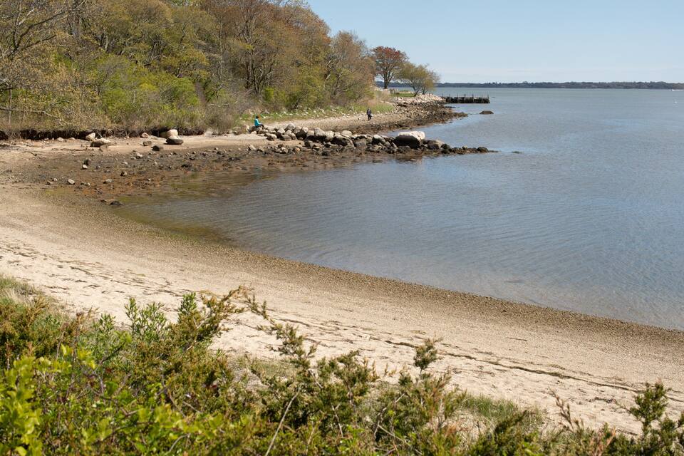 A sandy beach with rocky outcrops and sparse vegetation.