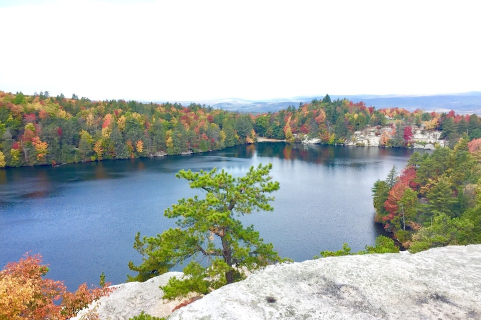 A lake surrounded by autumn-colored trees and a rocky foreground.