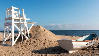A lifeguard tower, a boat, and a sandy beach with the ocean in the background.