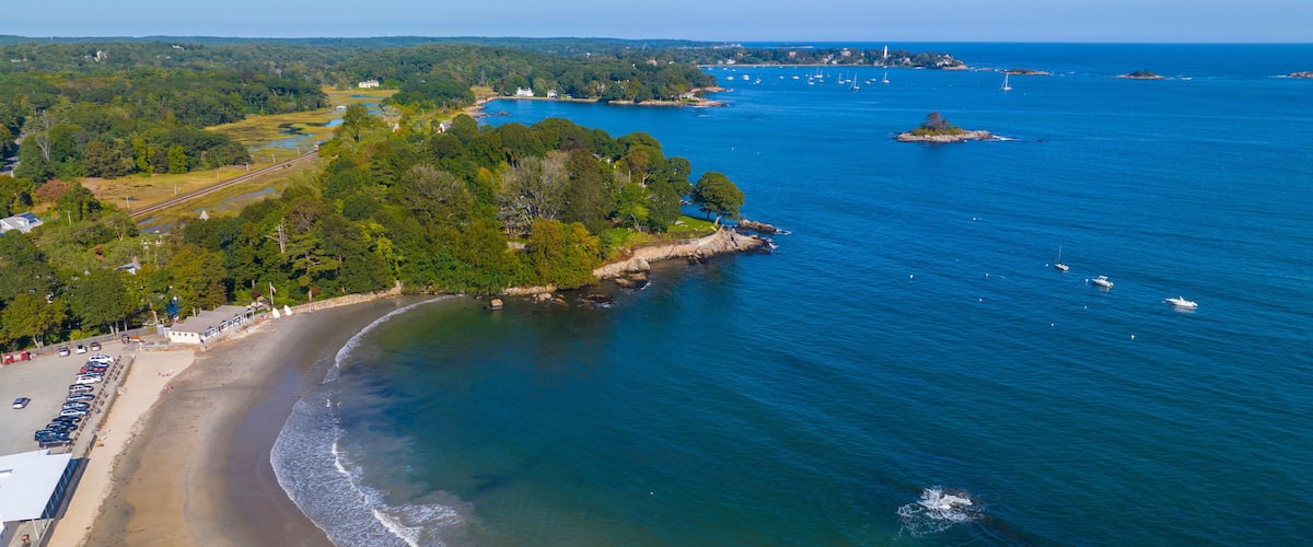 West Beach aerial view with wave on the beach at Beverly coast in town of Beverly, Massachusetts MA, USA.