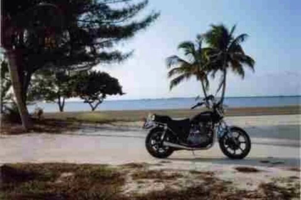 Een motorfiets op het strand, met palmbomen en een heldere lucht.