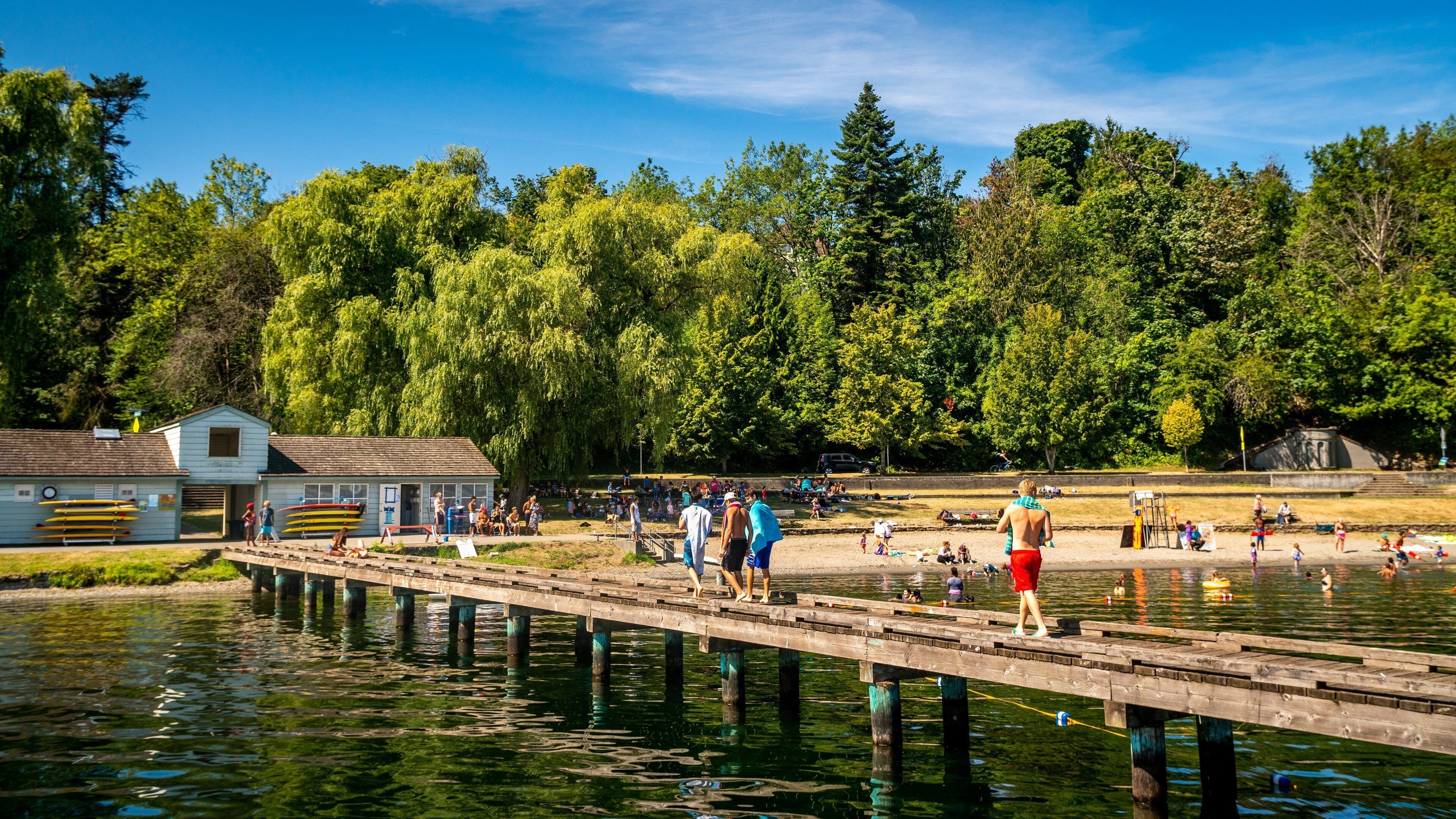 Mount Baker Beach showing a lake or waterhole as well as a small group of people
