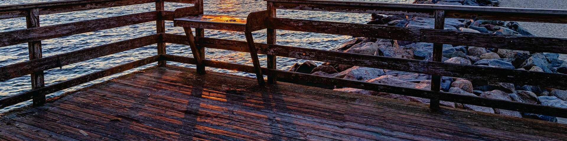 Aerial view of Dowses Beach in Osterville, MA, USA at sunset