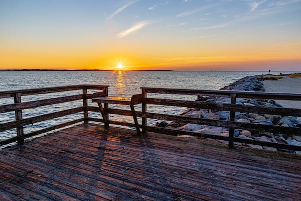 Aerial view of Dowses Beach in Osterville, MA, USA at sunset