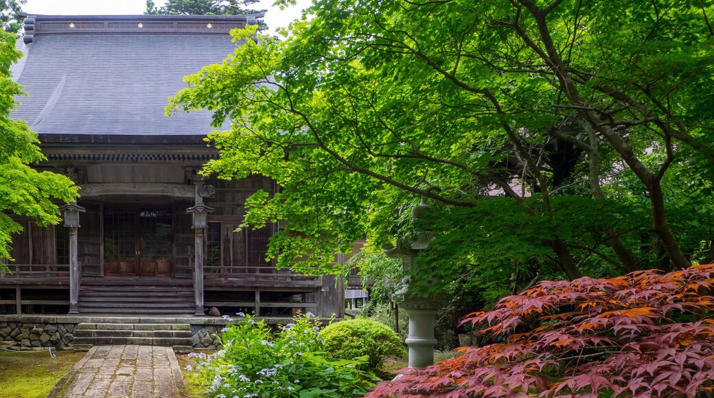 Old unmanned temple surrounded by maple trees with red and green leaves (Hokoin, Yahiko, Niigata, Japan)