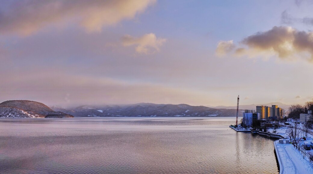 Beautiful panorama scenic of Toya lake in monrning time at Toya Caldera and Usu Volcano Global Geopark in Abuta distric, Hokkaido, Japan.