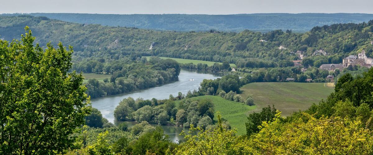 A river winding through a lush valley with a castle on a hill.