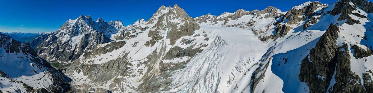 Aerial view of The Glacier Blanc in the Ecrins Mountains France Melting during Springtime - Most Beautiful French Alps Mountains