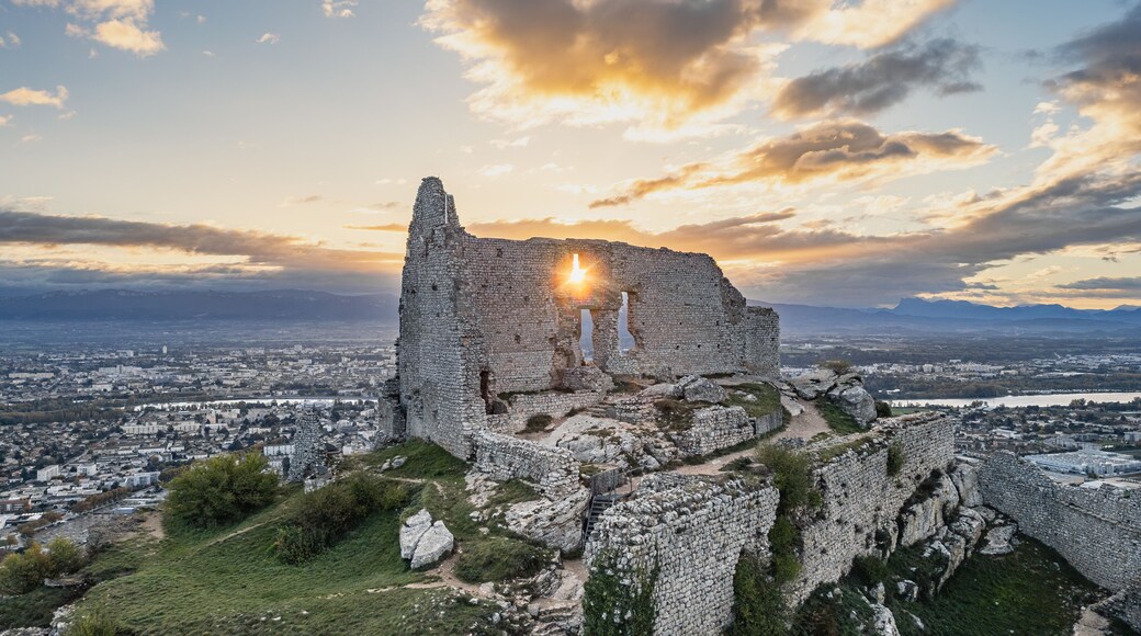 Ruins of Château de Crussol, a 12th Century Medieval Castle on a Hilltop Overlooking the Rhône Valley in Saint-Péray, Ardèche, Opposite Valence, France – Aerial Scenic View