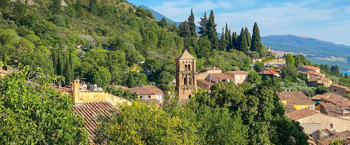 Panoramic view of the village of Moustiers Sainte Marie in the Verdon valley, France